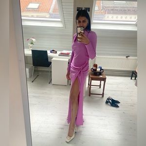 Long satin pink glam dress with split